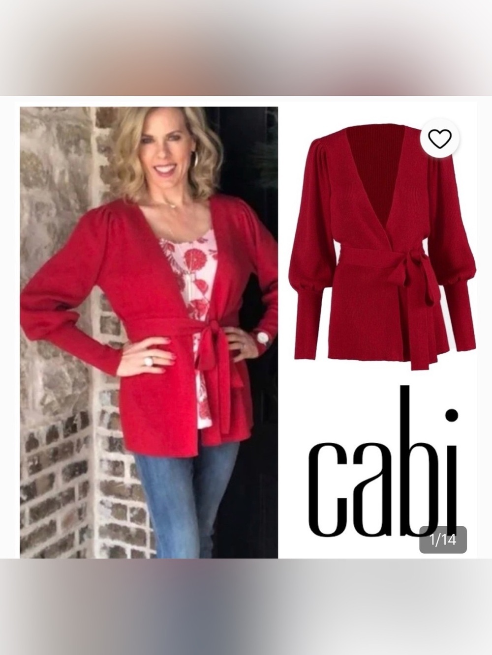 CAbi Red Ribbed Wrap Cardigan with Tie Waist ptp 23 length 33